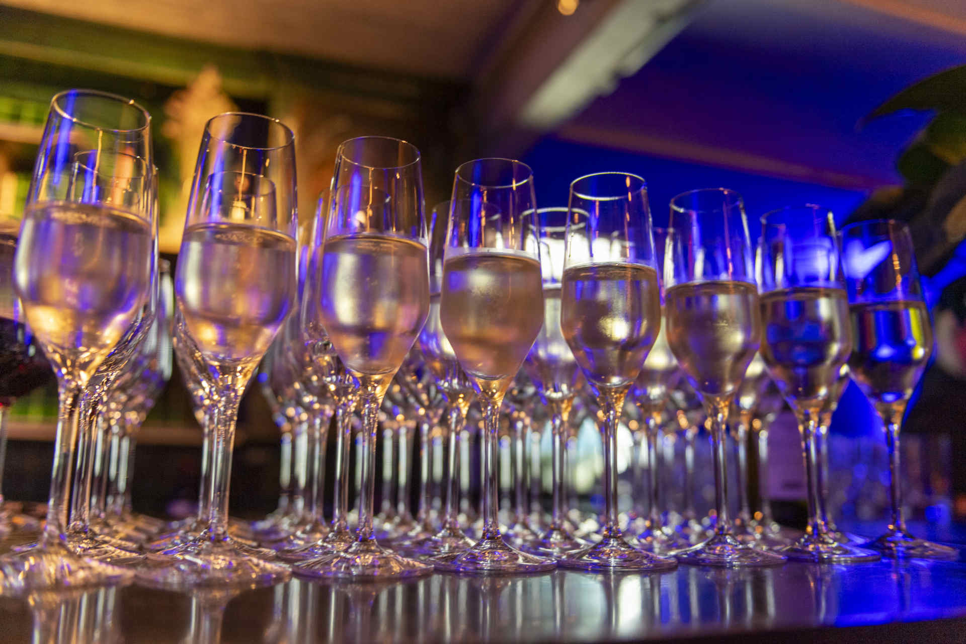 Aneinandergereihte, gefüllte Sektgläser auf einem Tresen
